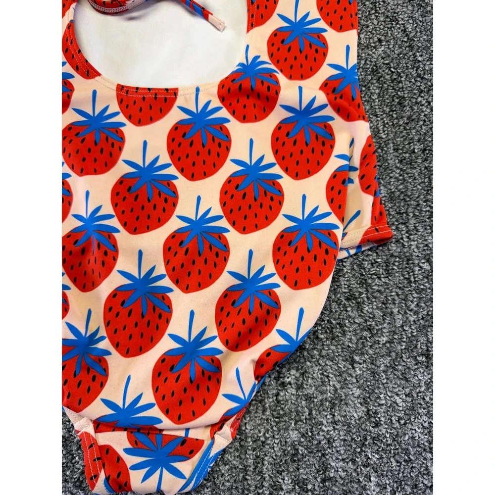 Hanna Anderson Swimsuit Girls Pink Strawberry Print One Piece Stretch Swimwear